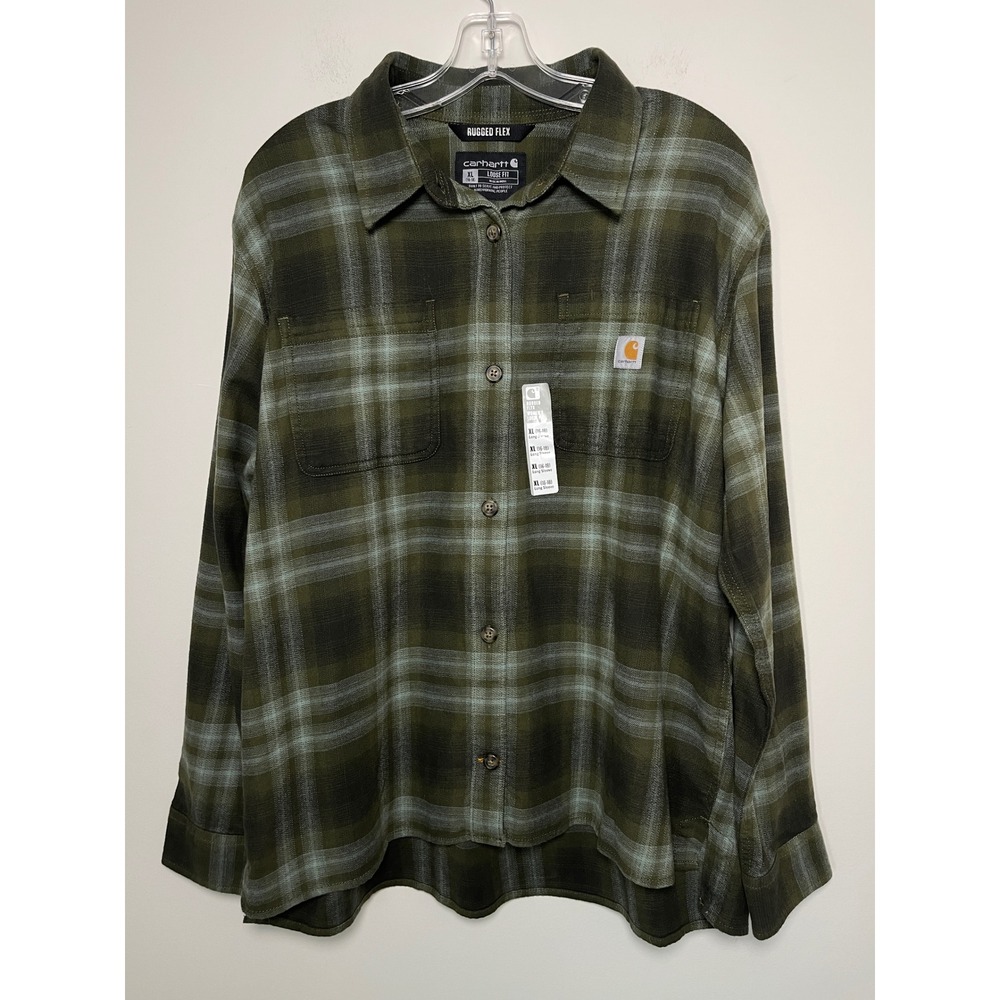 Carhartt Womens XL Rugged Flex Loose Fit Plaid Flannel Shirt Olive Green